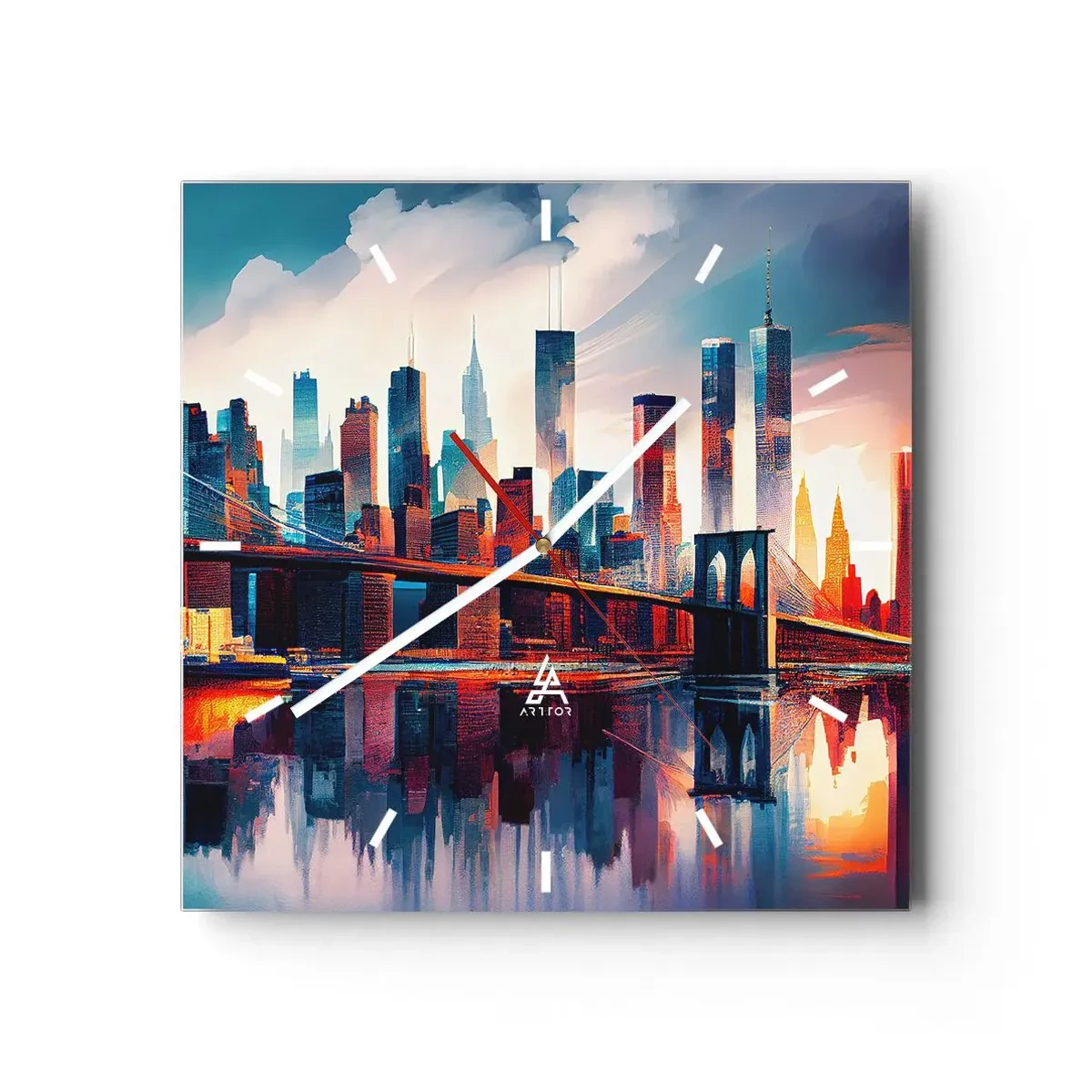 Wanduhr - Glasuhr - New York City Panorama mit Brücke und Spiegelung im Wasser - 30x30cm - Traumhaftes New York - Moderne Wanddekoration für Wohnzimmer und Schlafzimmer ARTTOR