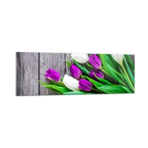 Glasbild - Bild auf glas - Ein Strauß lila und weißer Tulpen auf einem hölzernen Hintergrund - 160x50cm - Am Tag der Frühlingsferien - Moderne Wanddekoration für Wohnzimmer und Schlafzimmer ARTTOR