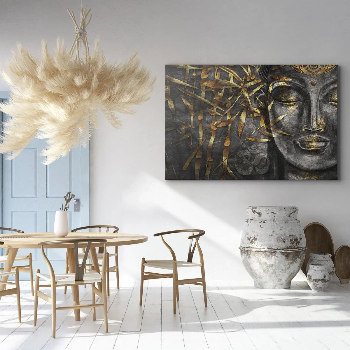 Bild auf Leinwand - Leinwandbild - Zen-Buddha-Bild mit goldenem Bambus - 100x70cm - Fühle den Frieden - Moderne Wanddekoration für Wohnzimmer und Schlafzimmer ARTTOR