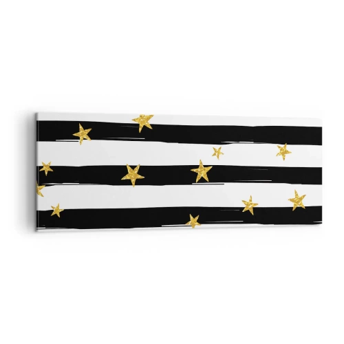 Bild auf Leinwand - Leinwandbild - Schwarz-weiße Streifen mit goldenen Sternen - 140x50cm - Wir wurden alle unter einem glücklichen Stern geboren - Moderne Wanddekoration für Wohnzimmer und Schlafzimmer ARTTOR