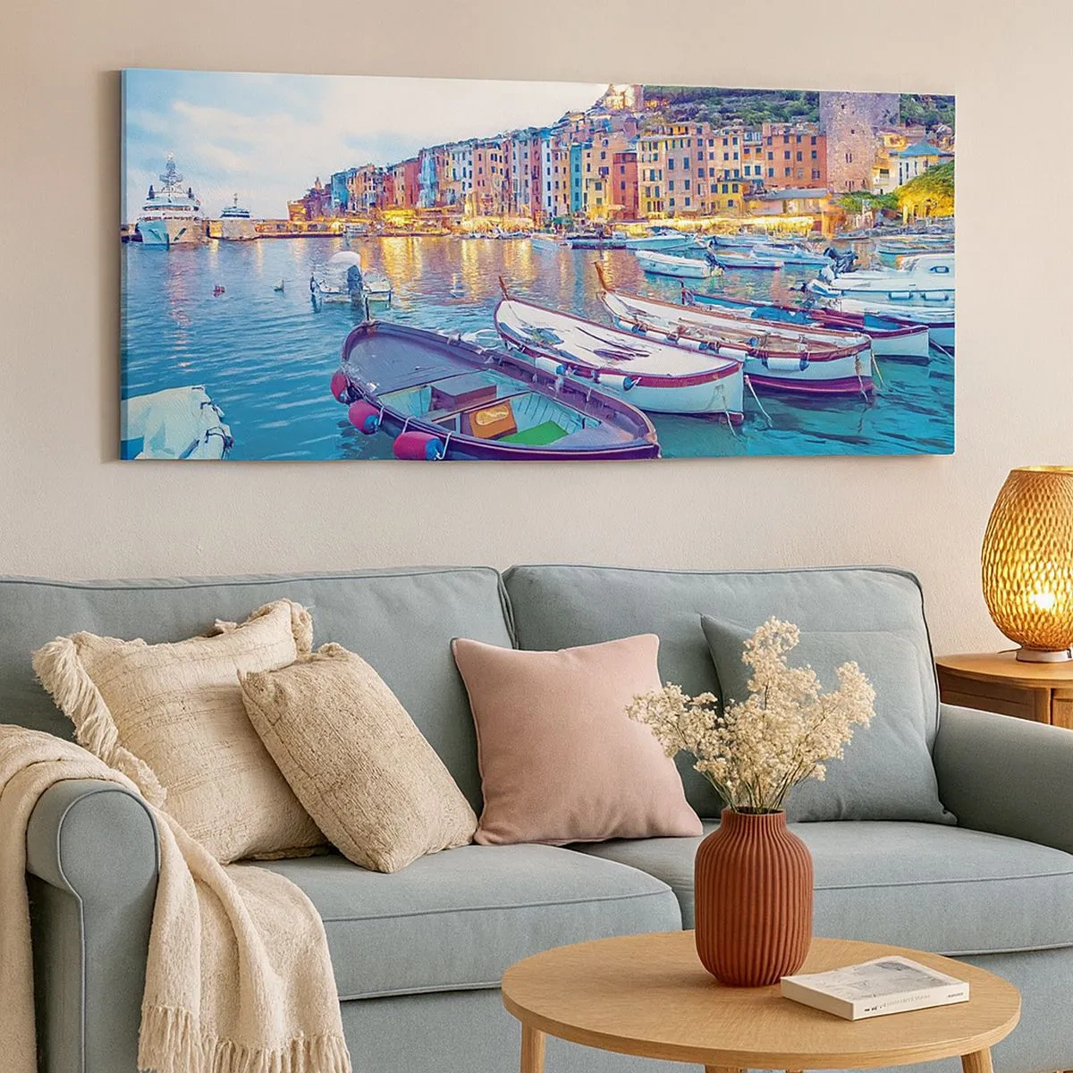 Bild auf Leinwand - Leinwandbild - Bunter Abend im Hafen - 100x40 cm