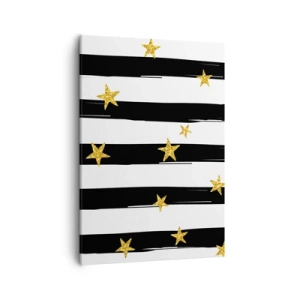 Bild auf Leinwand - Leinwandbild - Schwarz-weiße Streifen mit goldenen Sternen - 50x70cm - Wir wurden alle unter einem glücklichen Stern geboren - Moderne Wanddekoration für Wohnzimmer und Schlafzimmer ARTTOR