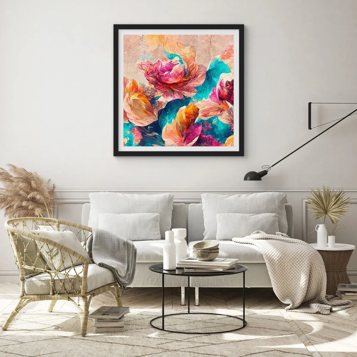 Poster in einem schwarzem Rahmen - Farbenpracht des Straußes - 30x30 cm