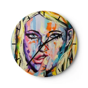 Wanduhr - Glasuhr - Künstlerisches Porträt einer Frau in bunten Farben - 30x30cm - Schau ihr direkt in die Augen - Moderne Wanddekoration für Wohnzimmer, Küche und Schlafzimmer ARTTOR