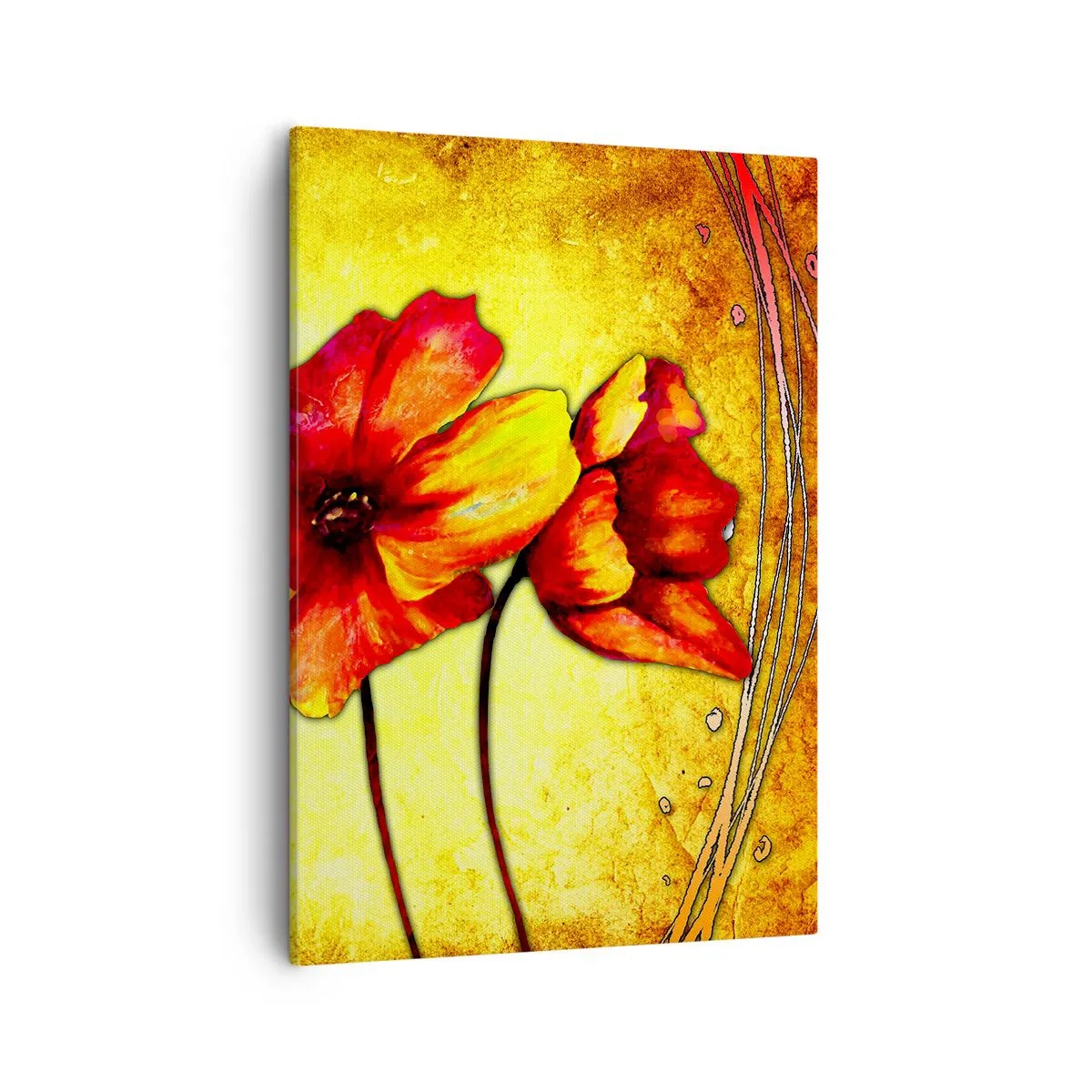 Bild auf Leinwand - Leinwandbild - Rote und gelbe Blumen auf goldenem Hintergrund mit dekorativen Mustern - 50x70cm - In Jugendstil-Dekorationen - Moderne Wanddekoration für Wohnzimmer und Schlafzimmer ARTTOR