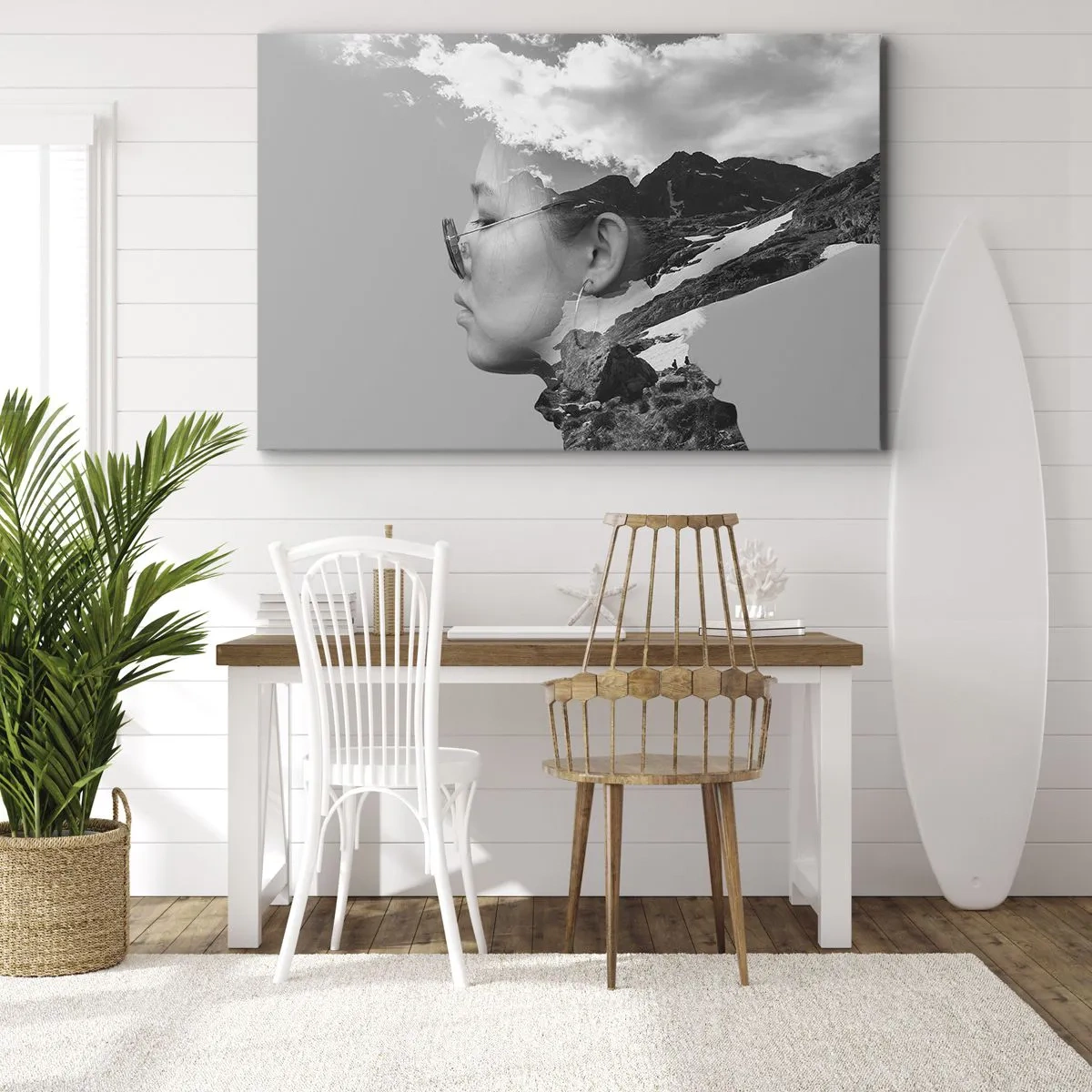 Bild auf Leinwand - Leinwandbild - Eine Schwarz-Weiß-Komposition mit der Silhouette einer Frau und einer Berglandschaft. - 70x50cm - Top und bewölktes Porträt - Moderne Wanddekoration für Wohnzimmer und Schlafzimmer ARTTOR