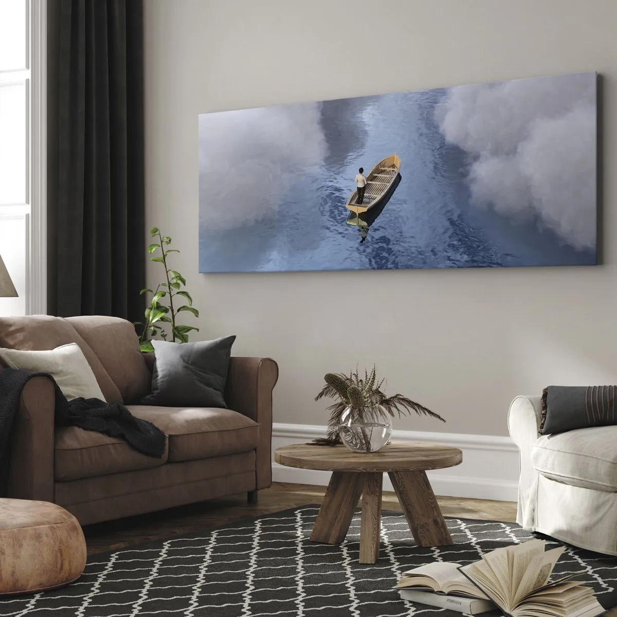 Bild auf Leinwand - Leinwandbild - Ein Mann in einem Boot auf einem ruhigen Meer, umgeben von Wolken - 160x50cm - Leben – Reise – unbekannt - Moderne Wanddekoration für Wohnzimmer und Schlafzimmer ARTTOR