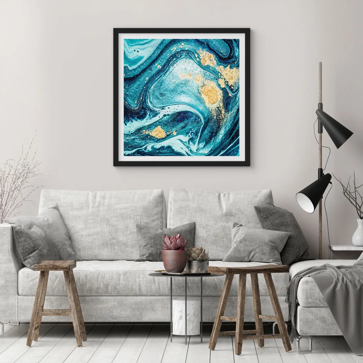 Poster in einem schwarzem Rahmen - Blauer Wirbel - 30x30 cm