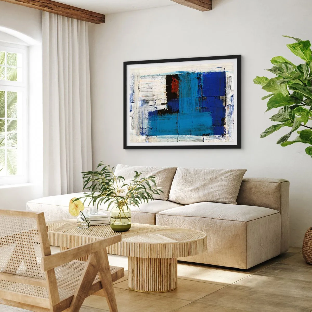 Poster in einem schwarzem Rahmen - Abstrakte Komposition in Blau- und Weißtönen - 100x70cm - Geheimnis ist blau - Moderne Wanddekoration für Wohnzimmer und Schlafzimmer ARTTOR