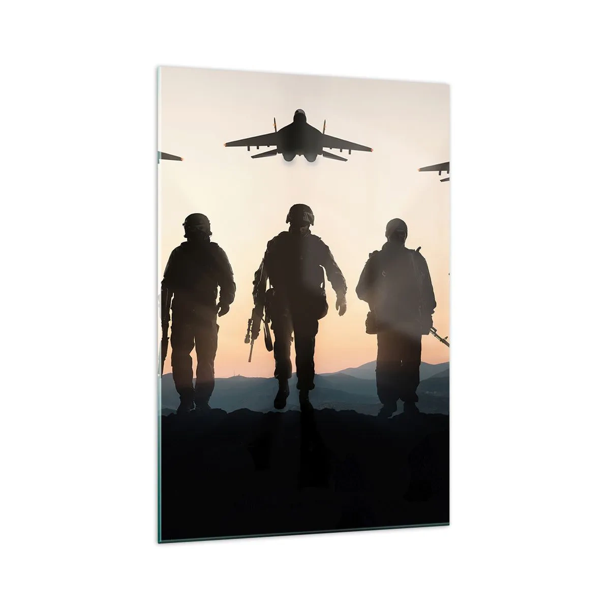 Glasbild - Bild auf glas - Silhouetten von Soldaten und Kampfjets vor dem Hintergrund des Sonnenuntergangs - 70x100cm - Willkommen in unserer Welt - Moderne Wanddekoration für Wohnzimmer und Schlafzimmer ARTTOR