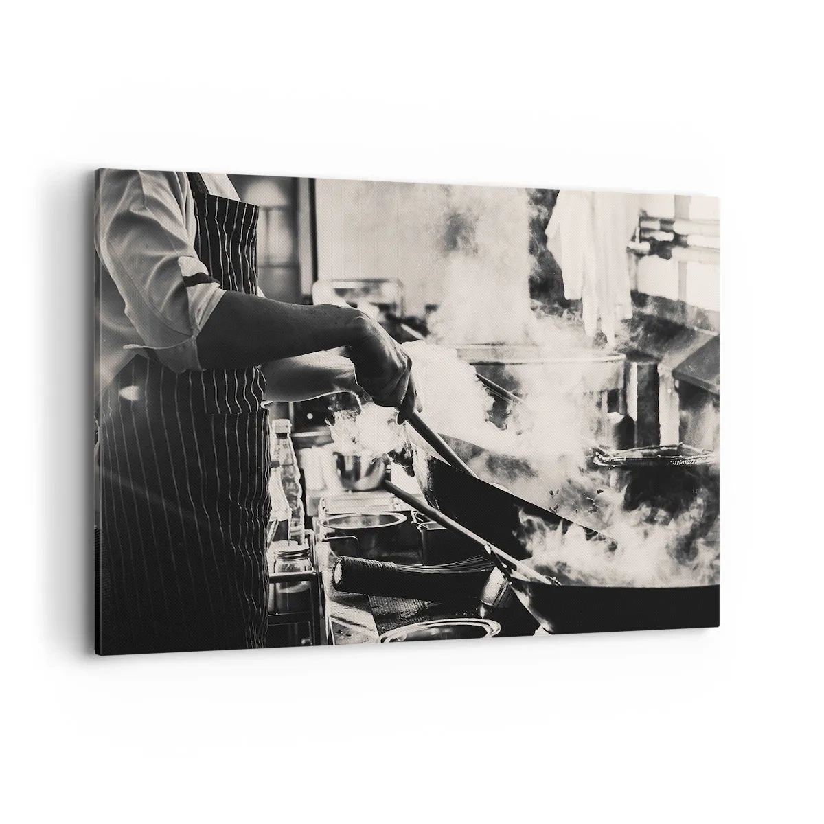 Bild auf Leinwand - Leinwandbild - Ein Koch bei der Arbeit in der Küche, aus einer Bratpfanne steigt Dampf auf - 120x80cm - Alchemie der Aromen - Moderne Wanddekoration für Wohnzimmer und Schlafzimmer ARTTOR
