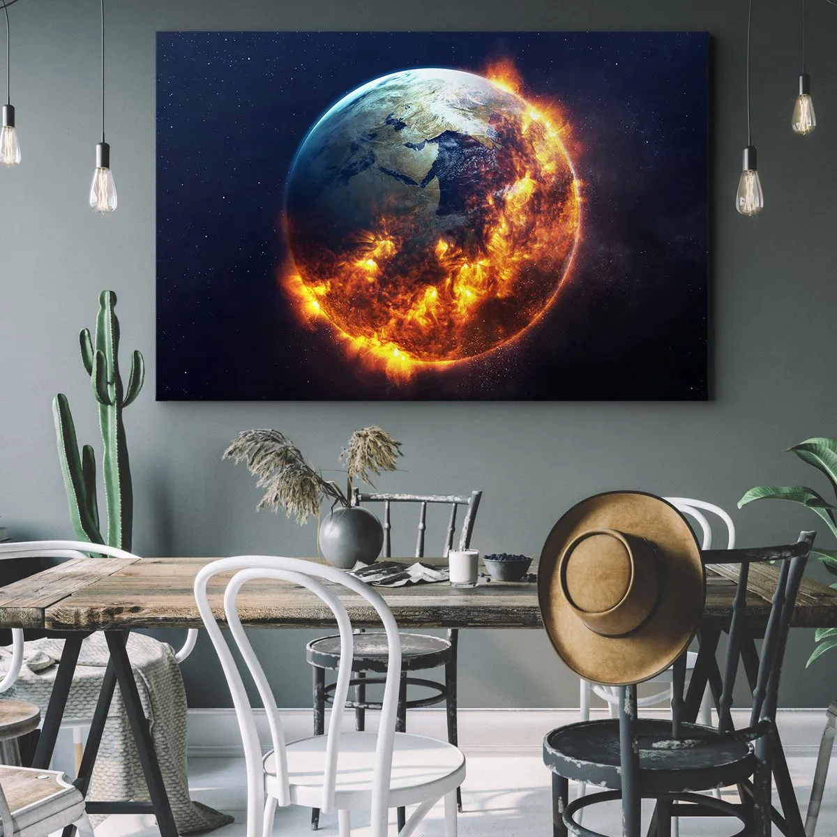 Bild auf Leinwand - Leinwandbild - Der Planet Erde brennt im Weltraum - 120x80cm - Die Flamme der Apokalypse - Moderne Wanddekoration für Wohnzimmer und Schlafzimmer ARTTOR