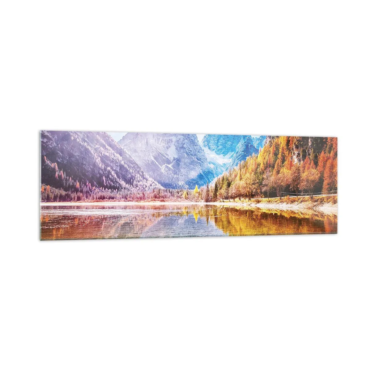 Glasbild - Bild auf glas - Herbstliche Berglandschaft mit See - 160x50cm - Und in den Bergen ist es schon Herbst - Moderne Wanddekoration für Wohnzimmer und Schlafzimmer ARTTOR