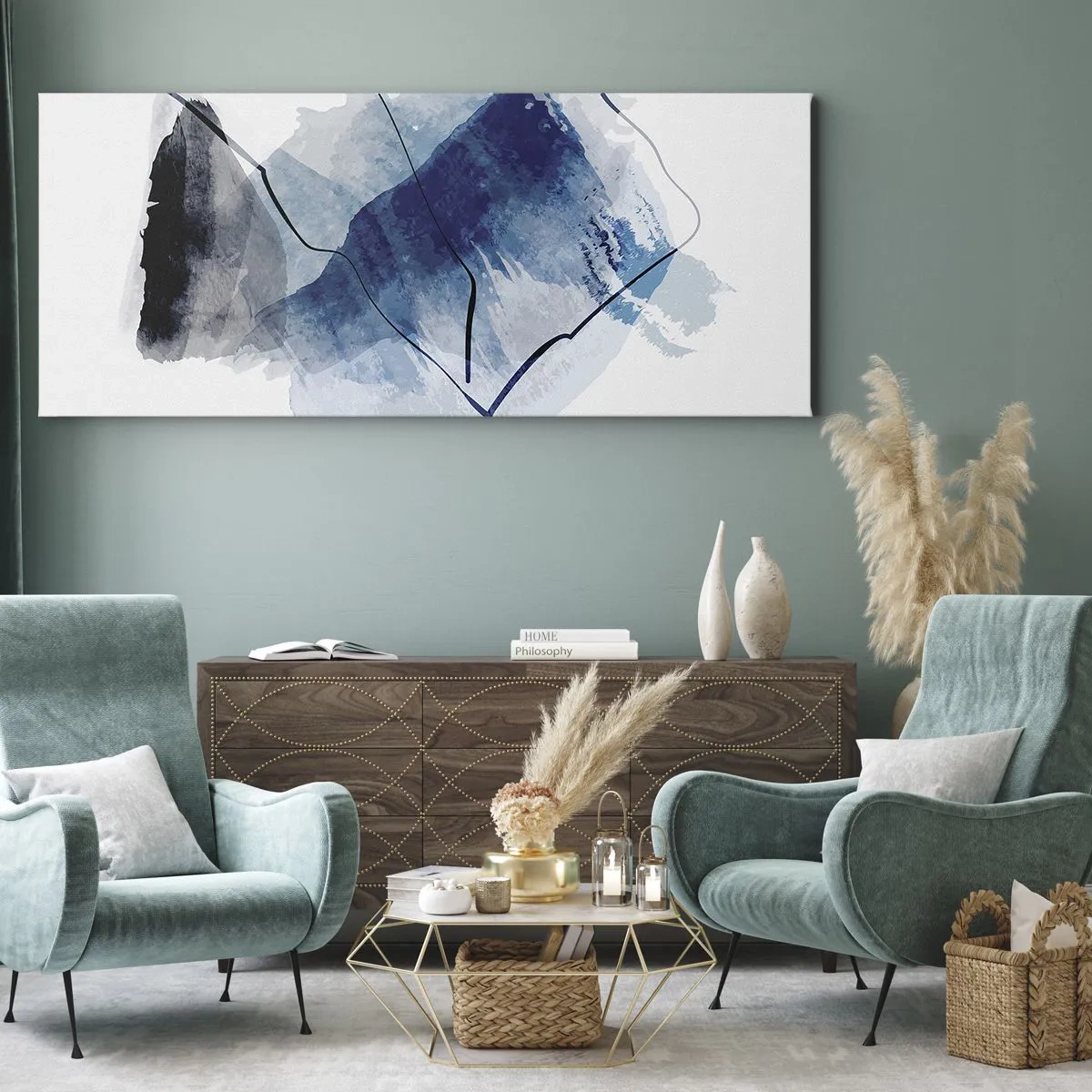 Bild auf Leinwand - Leinwandbild - Abstrakte Formen in Blautönen mit zarten Linien - 140x50cm - Eisberg - Moderne Wanddekoration für Wohnzimmer und Schlafzimmer ARTTOR