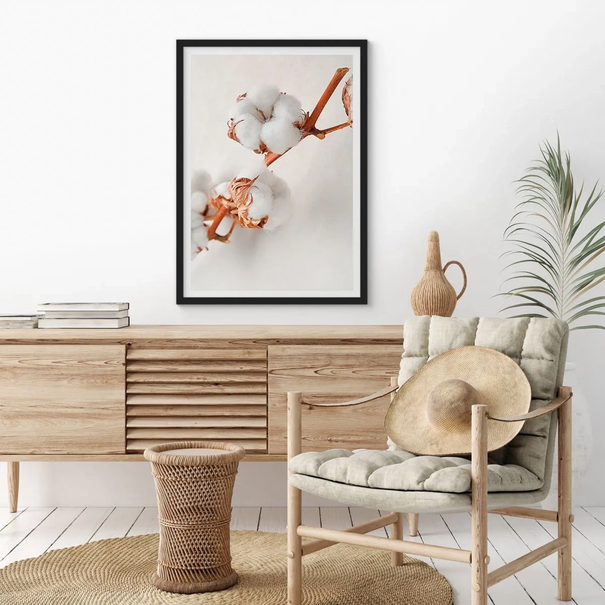 Poster in einem schwarzem Rahmen - Zarte Baumwollzweige auf hellem Untergrund - 50x70cm - Nur umarmen - Moderne Wanddekoration für Wohnzimmer und Schlafzimmer ARTTOR
