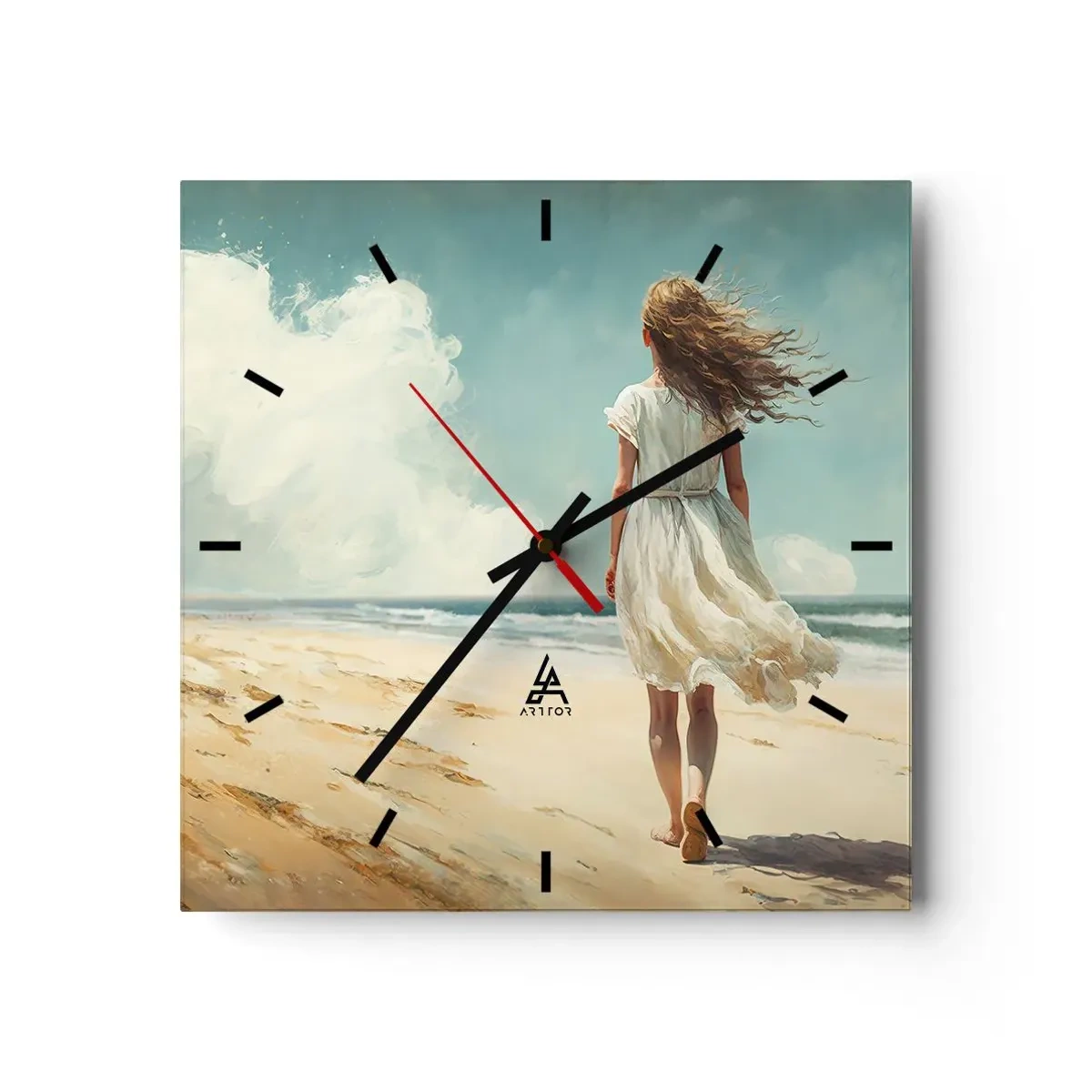Wanduhr - Glasuhr - Eine Frau in einem weißen Kleid geht an einem sonnigen Tag am Strand spazieren - 30x30cm - Der Sonne und dem Wind begegnen - Moderne Wanddekoration für Wohnzimmer und Schlafzimmer ARTTOR