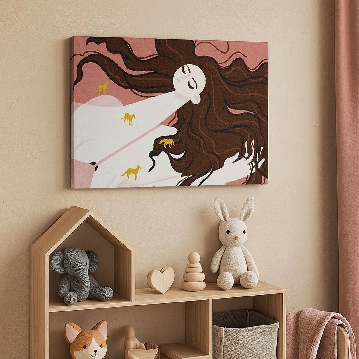 Bild auf Leinwand - Leinwandbild - Eine Figur mit geschlossenen Augen, umgeben von goldenen Pferden - 70x50cm - Traum von einem goldenen Pferd - Moderne Wanddekoration für Wohnzimmer und Schlafzimmer ARTTOR