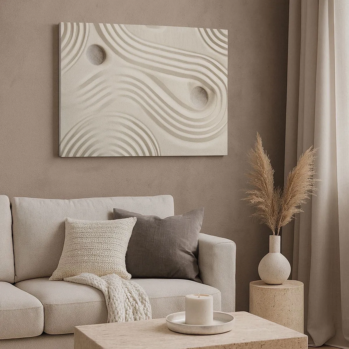 Bild auf Leinwand - Leinwandbild - Minimalistisches Zen-Design mit Sand und Steinen - 70x50cm - Ein Hauch von Wärme - Moderne Wanddekoration für Wohnzimmer und Schlafzimmer ARTTOR