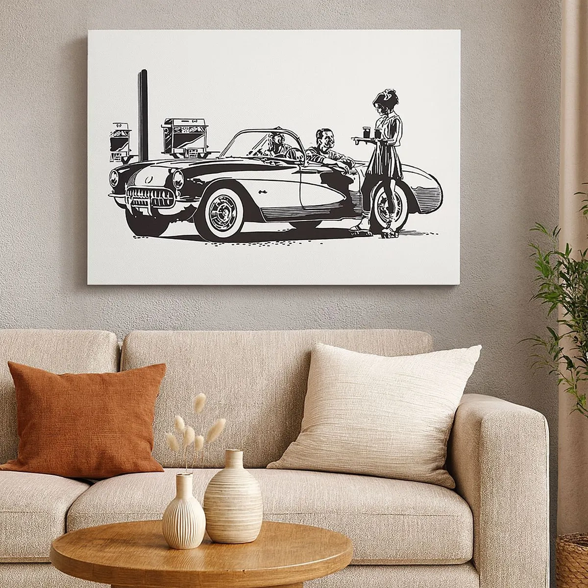 Bild auf Leinwand - Leinwandbild - Eine schwarz-weiße Retro-Szene mit einem Auto und einer Kellnerin auf Rollschuhen. - 70x50cm - 60. - unbeschwertes Amerika - Moderne Wanddekoration für Wohnzimmer und Schlafzimmer ARTTOR
