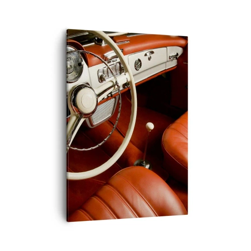 Bild auf Leinwand - Leinwandbild - Oldtimer-Innenraum mit roten Ledersitzen - 50x70cm - Luxus im Vintagestil - Moderne Wanddekoration für Wohnzimmer und Schlafzimmer ARTTOR