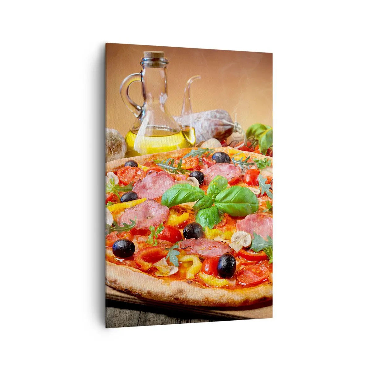 Bild auf Leinwand - Leinwandbild - Appetitliche Pizza auf einem Holztisch mit Belag - 80x120cm - Mit echtem italienischem Flair - Moderne Wanddekoration für Wohnzimmer und Schlafzimmer ARTTOR