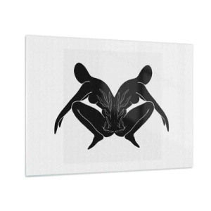 Glasbild - Bild auf glas - Schwarze Figuren bilden ein symmetrisches Herz auf weißem Hintergrund - 70x50cm - Gemeinsame Seele - Moderne Wanddekoration für Wohnzimmer und Schlafzimmer ARTTOR