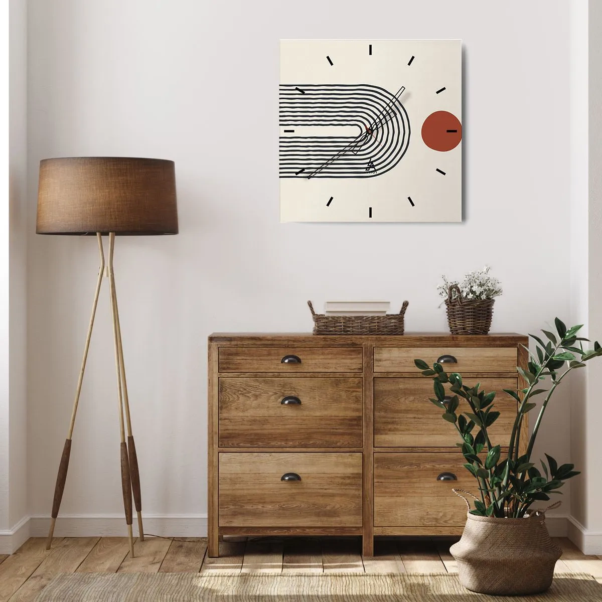 Wanduhr - Glasuhr - Modernes abstraktes Muster mit Linien und einem roten Kreis - 30x30cm - Magnetismus von Formen und Farben - Moderne Wanddekoration für Wohnzimmer und Schlafzimmer ARTTOR