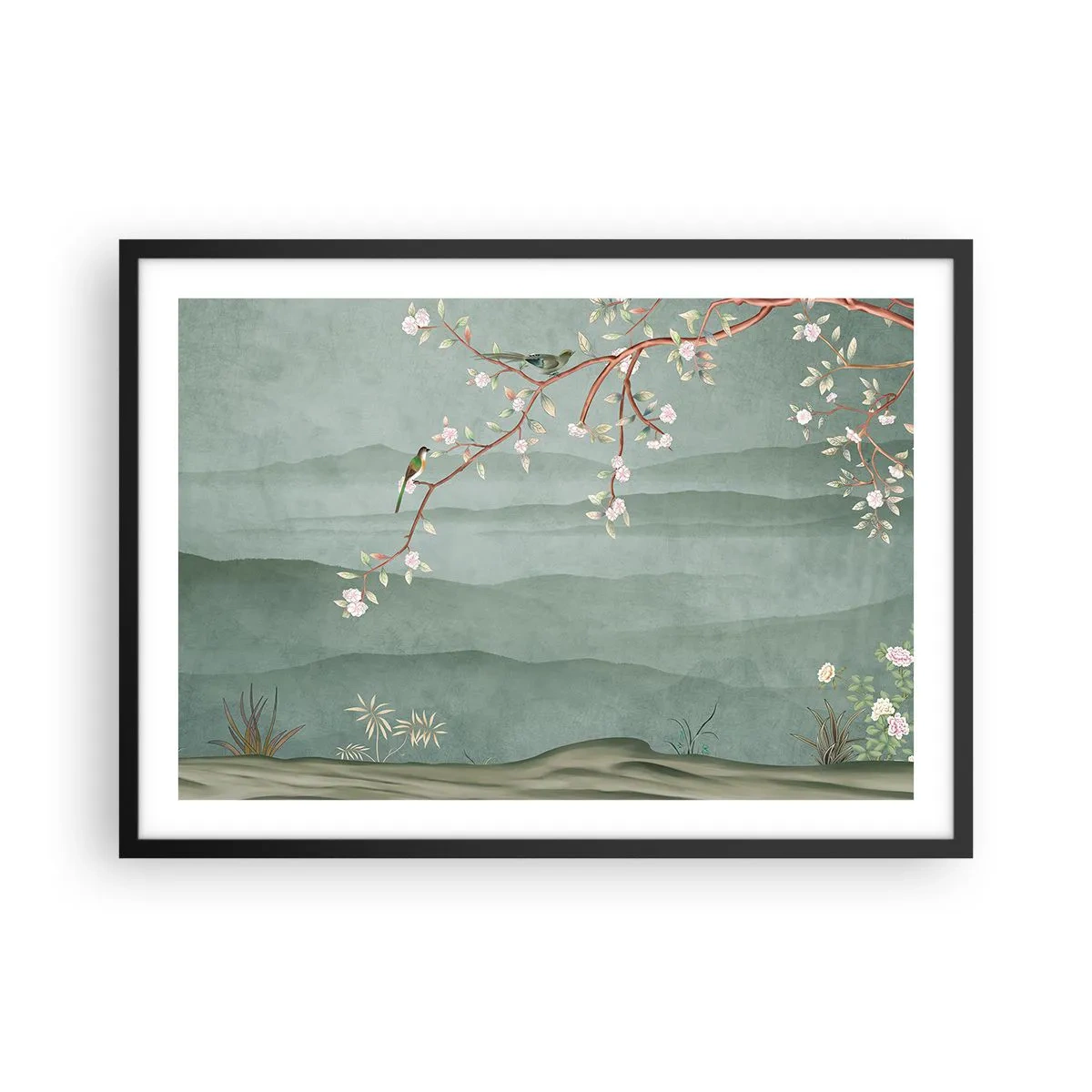 Poster in einem schwarzem Rahmen - Ein malerisches Bild eines blühenden Baumzweigs mit Vögeln vor dem Hintergrund grüner Hügel. - 70x50cm - Frühling, oh, du bist es - Moderne Wanddekoration für Wohnzimmer und Schlafzimmer ARTTOR