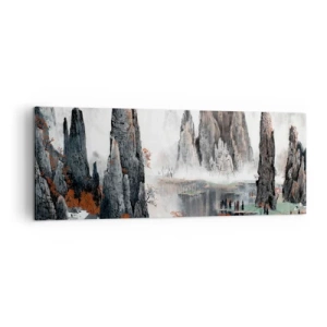 Bild auf Leinwand - Leinwandbild - Malerische Felsen und Bäume in der nebligen chinesischen Landschaft - 140x50cm - Mächtige Wächter - Moderne Wanddekoration für Wohnzimmer und Schlafzimmer ARTTOR