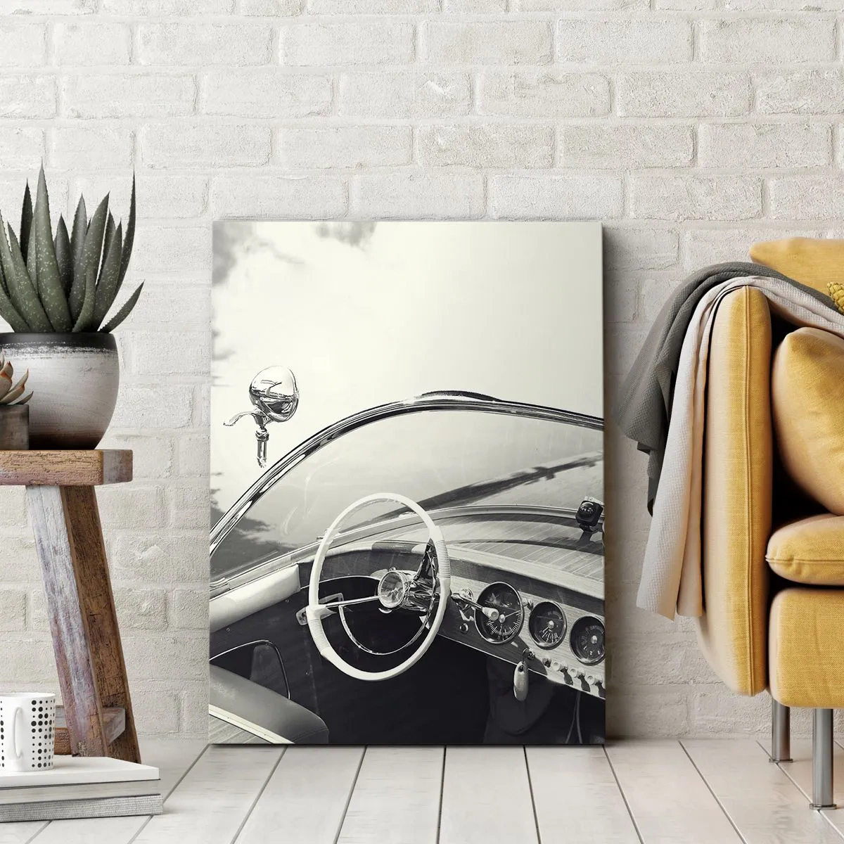 Bild auf Leinwand - Leinwandbild - Oldtimer-Innenraum im monochromen Stil - 70x100cm - Wetter für die Reichen - Moderne Wanddekoration für Wohnzimmer und Schlafzimmer ARTTOR