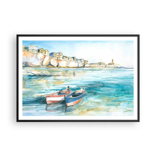 Poster in einem schwarzem Rahmen - Eine malerische Küstenlandschaft mit Booten auf dem Wasser - 100x70cm - Landschaft in Azurblau - Moderne Wanddekoration für Wohnzimmer und Schlafzimmer ARTTOR