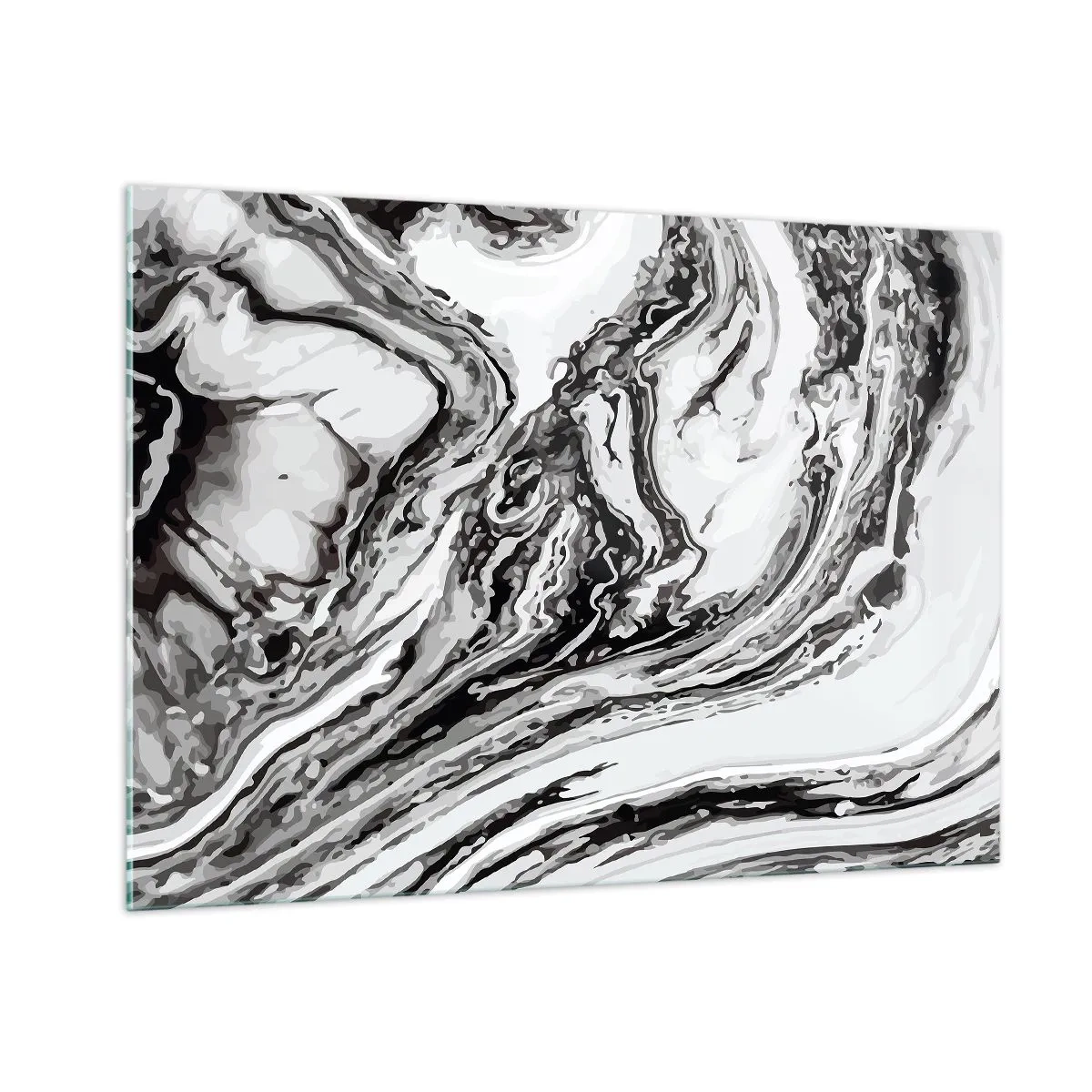 Glasbild - Bild auf glas - Ein abstraktes Muster in Schwarz- und Weißtönen, das Wellen ähnelt. - 100x70cm - Am Anfang war Chaos - Moderne Wanddekoration für Wohnzimmer und Schlafzimmer ARTTOR