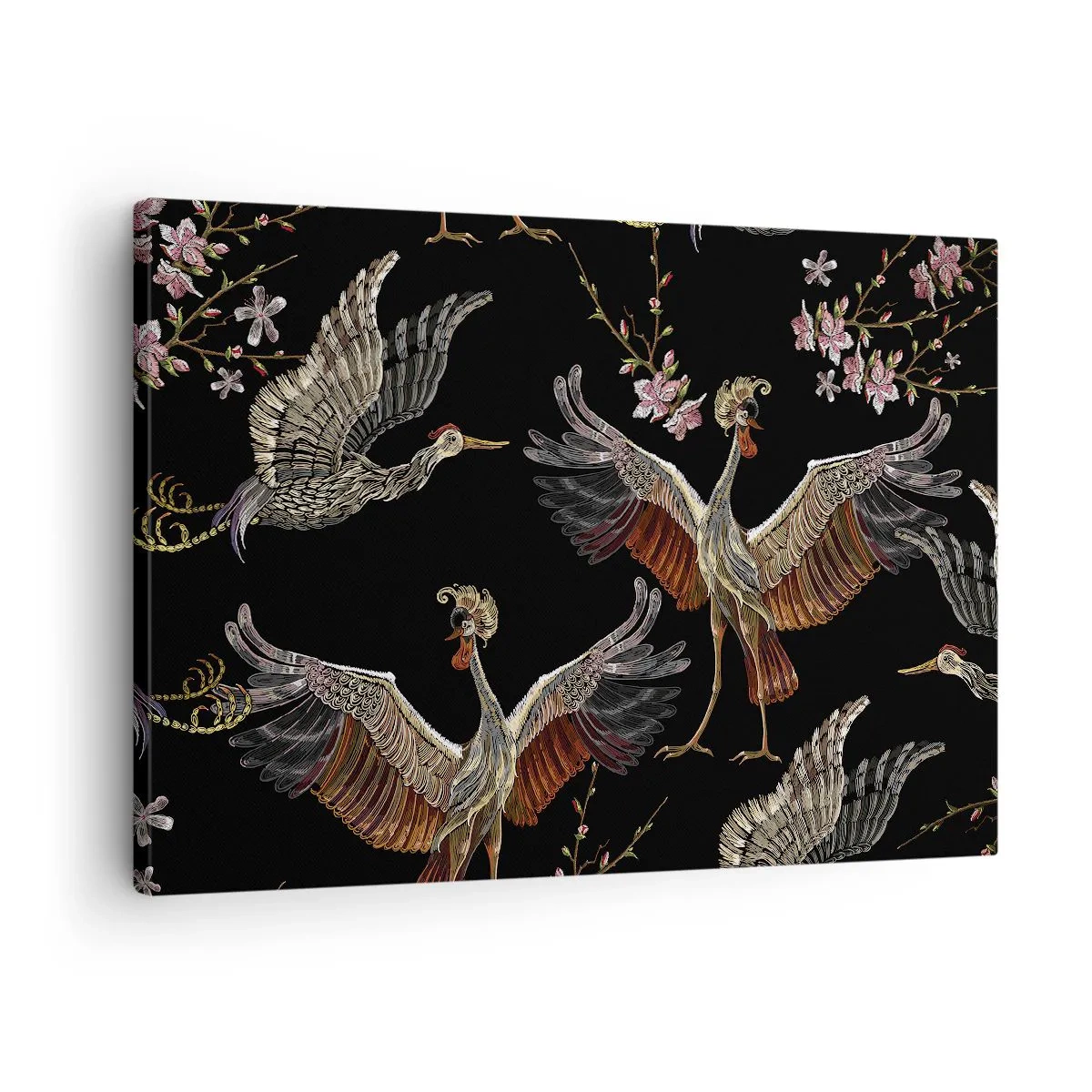 Bild auf Leinwand - Leinwandbild - Stilvolle Kraniche und Blumen auf schwarzem Hintergrund - 70x50cm - Märchenvogel - Moderne Wanddekoration für Wohnzimmer und Schlafzimmer ARTTOR