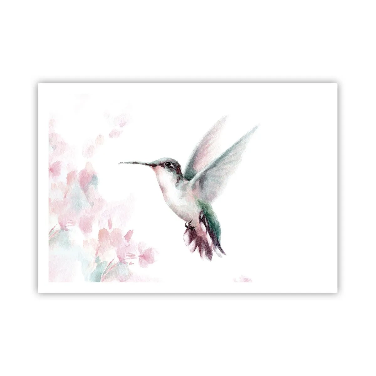 Poster - Ein Kolibri in zarten Pastellfarben vor einem Hintergrund aus Blumen - 100x70cm - Im Flattern gehalten - Moderne Wanddekoration für Wohnzimmer und Schlafzimmer ARTTOR