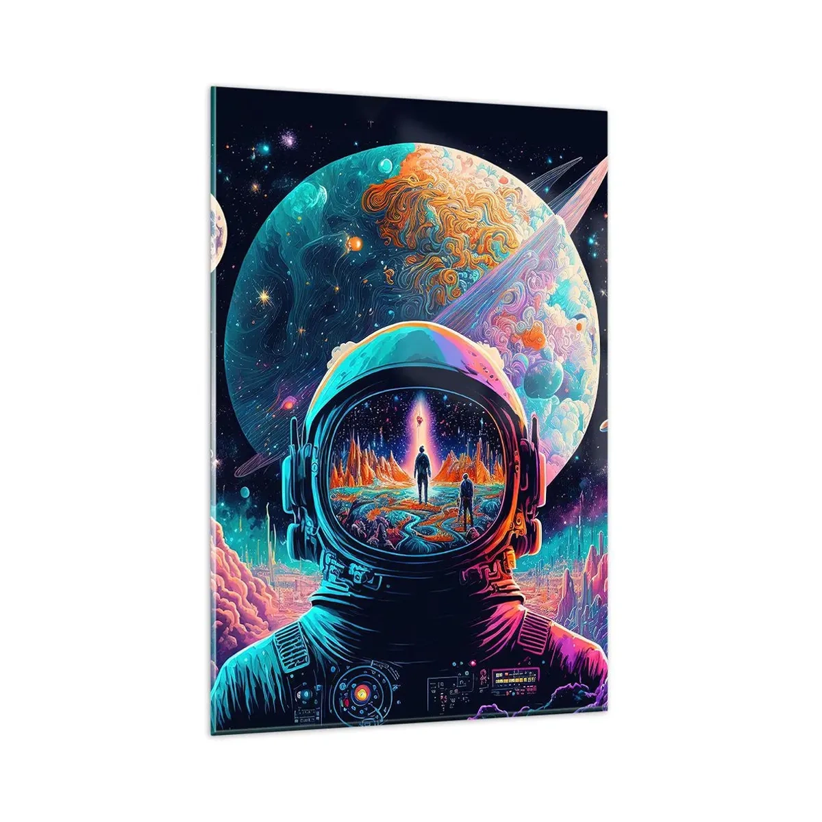 Glasbild - Bild auf glas - Astronaut im Weltraum mit einer farbenfrohen Planetenlandschaft - 80x120cm - Philosophen haben nicht davon geträumt - Moderne Wanddekoration für Wohnzimmer und Schlafzimmer ARTTOR