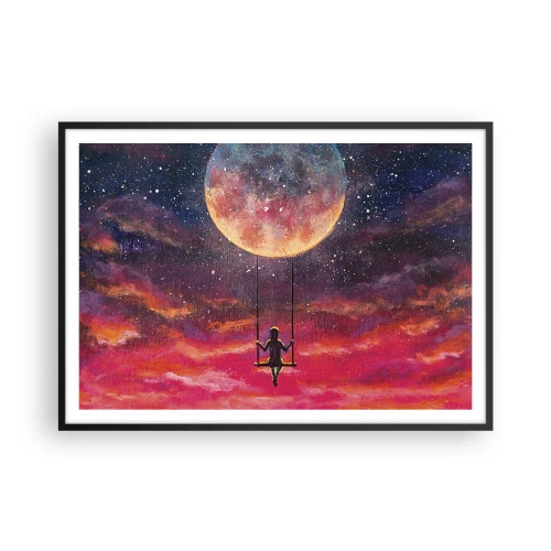 Poster in einem schwarzem Rahmen - Eine Figur auf einer Schaukel, die vor dem Mond hängt - 100x70cm - Traum - Moderne Wanddekoration für Wohnzimmer und Schlafzimmer ARTTOR