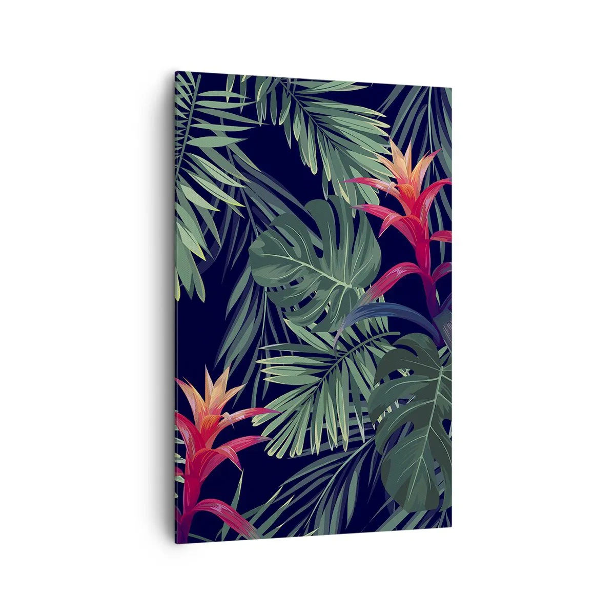 Bild auf Leinwand - Leinwandbild - Tropische Blätter und Blüten auf dunklem Hintergrund - 80x120cm - Im Grünen in Flammen gehen - Moderne Wanddekoration für Wohnzimmer und Schlafzimmer ARTTOR
