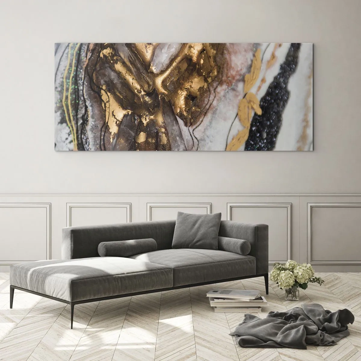 Glasbild - Bild auf glas - Abstrakte Komposition mit Elementen aus Gold und Kristallen - 120x50cm - Das Element der Erde - Moderne Wanddekoration für Wohnzimmer und Schlafzimmer ARTTOR