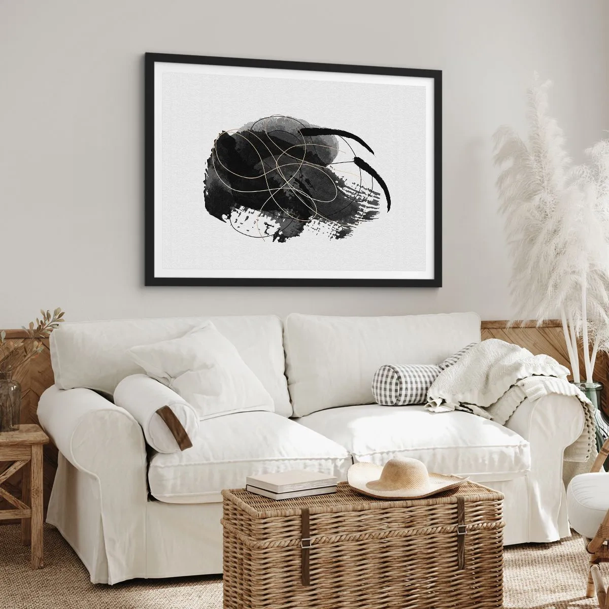 Poster in einem schwarzem Rahmen - Abstraktion in Schwarz und Gold auf weißem Hintergrund - 100x70cm - Aus Schwarz entstanden - Moderne Wanddekoration für Wohnzimmer und Schlafzimmer ARTTOR