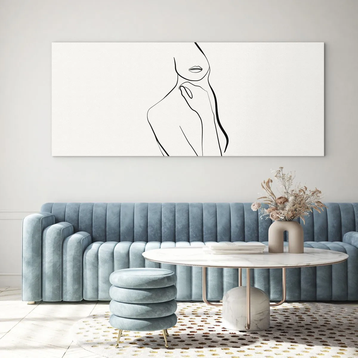 Glasbild - Bild auf glas - Eine minimalistische Skizze der Silhouette einer Frau vor hellem Hintergrund. - 120x50cm - Eine Welle der Melancholie - Moderne Wanddekoration für Wohnzimmer und Schlafzimmer ARTTOR