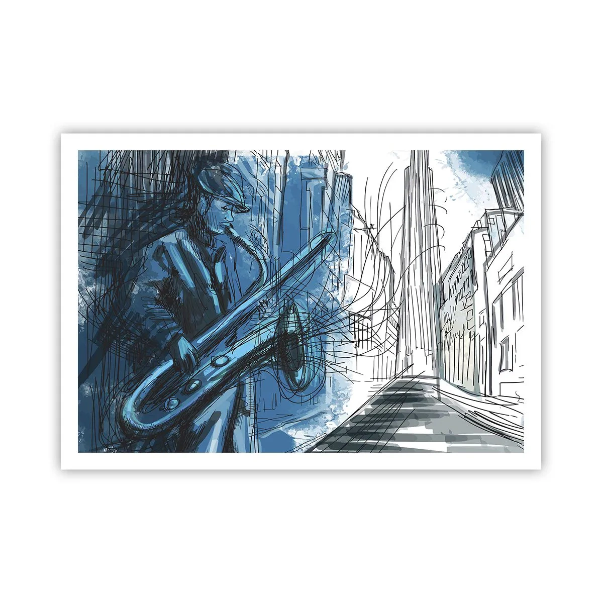 Poster - Eine Saxophon spielende Figur vor dem Hintergrund einer Stadt - 100x70cm - Urbane Rhapsodie - Moderne Wanddekoration für Wohnzimmer und Schlafzimmer ARTTOR
