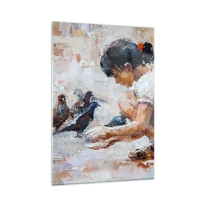 Glasbild - Bild auf glas - Ein Mädchen, das Vögel füttert, vor einem impressionistischen Hintergrund - 50x70cm - Die Kleinen und die Schönsten - Moderne Wanddekoration für Wohnzimmer und Schlafzimmer ARTTOR