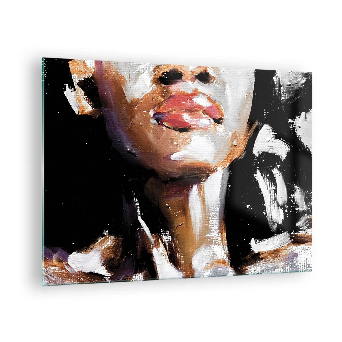 Glasbild - Bild auf glas - Nahaufnahme eines farbenfrohen Frauenporträts im ausdrucksstarken Stil - 70x50cm - Stolz ohne Vorurteile - Moderne Wanddekoration für Wohnzimmer und Schlafzimmer ARTTOR