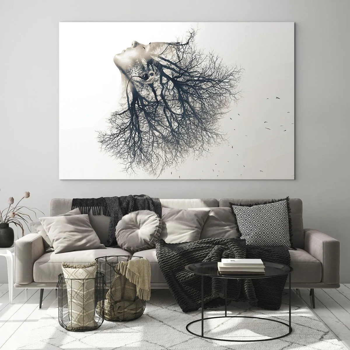 Glasbild - Bild auf glas - Silhouette einer Frau mit Zweigen als Haar - 70x50cm - Dem Rauschen der Bäume lauschen - Moderne Wanddekoration für Wohnzimmer und Schlafzimmer ARTTOR