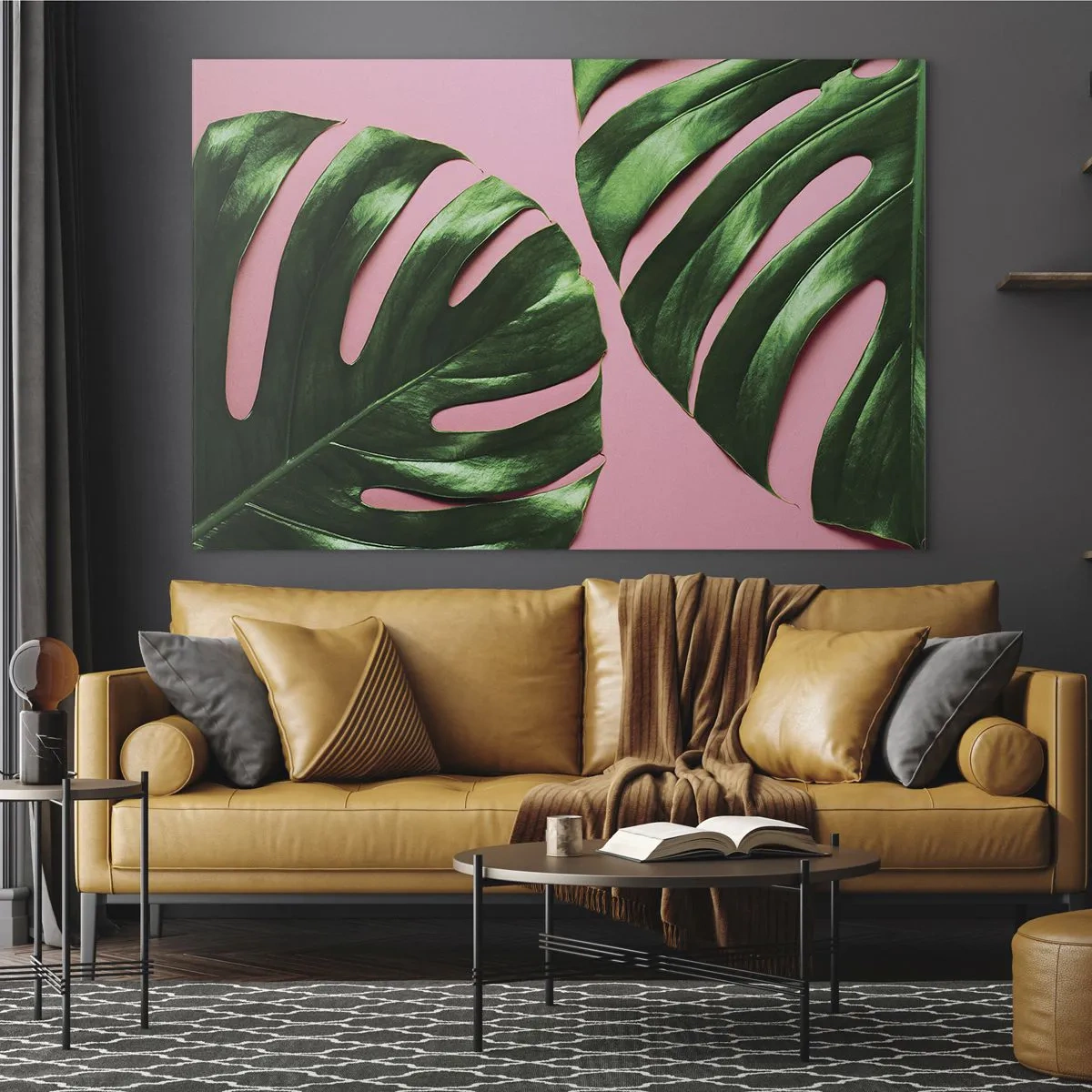 Glasbild - Bild auf glas - Grüne Monstera-Blätter auf rosa Hintergrund - 100x70cm - Rendezvous im Grünen - Moderne Wanddekoration für Wohnzimmer und Schlafzimmer ARTTOR