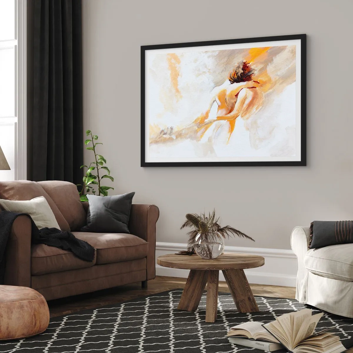 Poster in einem schwarzem Rahmen - Abstrakte Szene einer romantischen Umarmung - 100x70cm - Am Himmel der Nähe - Moderne Wanddekoration für Wohnzimmer und Schlafzimmer ARTTOR