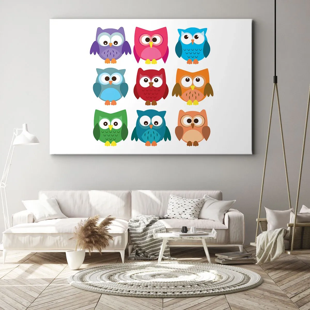 Bild auf Leinwand - Leinwandbild - Bunte Eulenillustrationen im kindlichen Stil - 70x50cm - Es macht Spaß, anders zu sein - Moderne Wanddekoration für Wohnzimmer und Schlafzimmer ARTTOR