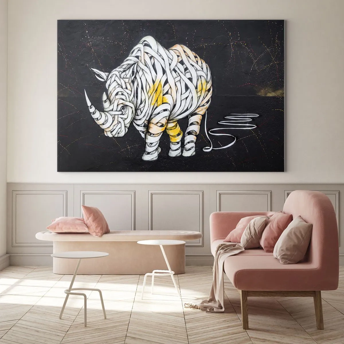 Glasbild - Bild auf glas - Abstrakte Zeichnung eines Nashorns in Form von Streifen - 100x70cm - Dicke Haut ist ein Mythos - Moderne Wanddekoration für Wohnzimmer und Schlafzimmer ARTTOR