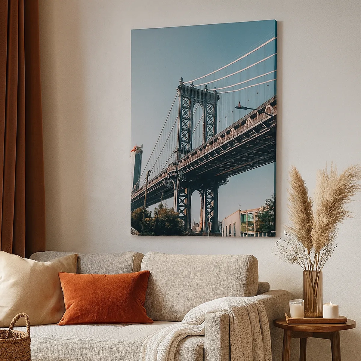 Bild auf Leinwand - Leinwandbild - Eine Brücke zwischen Gebäuden in einer städtischen Landschaft - 50x70cm - Über den Wellen der Stadt - Moderne Wanddekoration für Wohnzimmer und Schlafzimmer ARTTOR