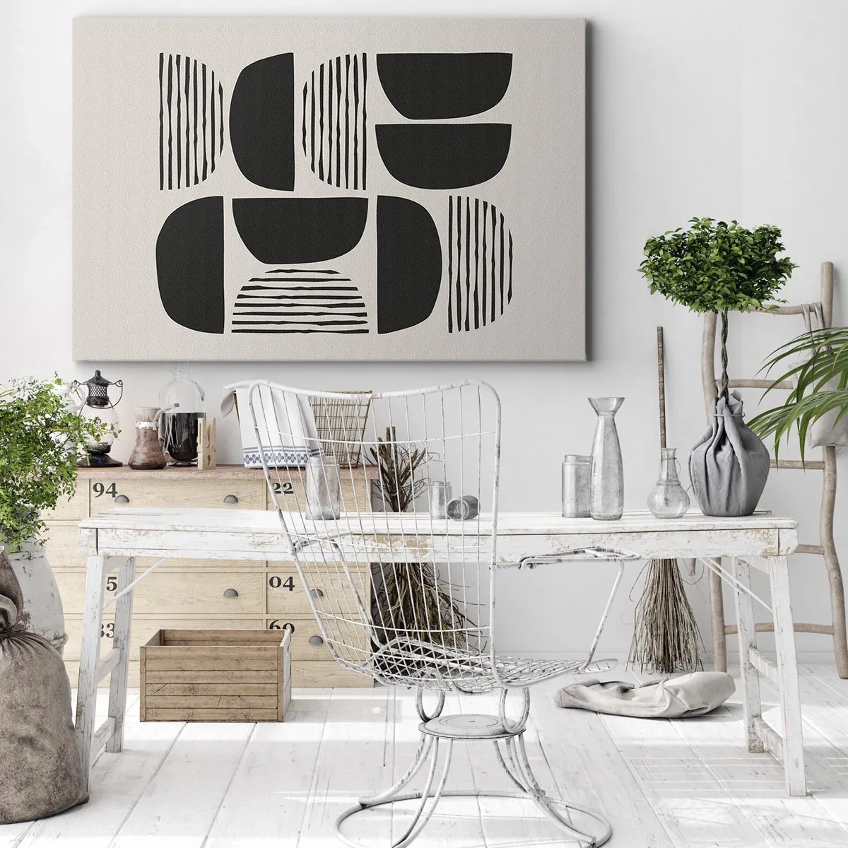 Bild auf Leinwand - Leinwandbild - Geometrie mit Halbkreisen und Linien in Schwarz auf hellem Hintergrund - 70x50cm - Halbherzige Deals - Moderne Wanddekoration für Wohnzimmer und Schlafzimmer ARTTOR